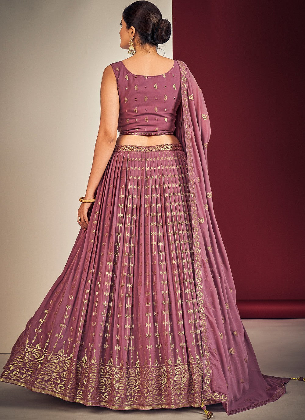 Dark Pink Pakistani Georgette Lehenga Choli For Indian Festivals & Weddings - Sequence Embroidery Work, Mirror Work