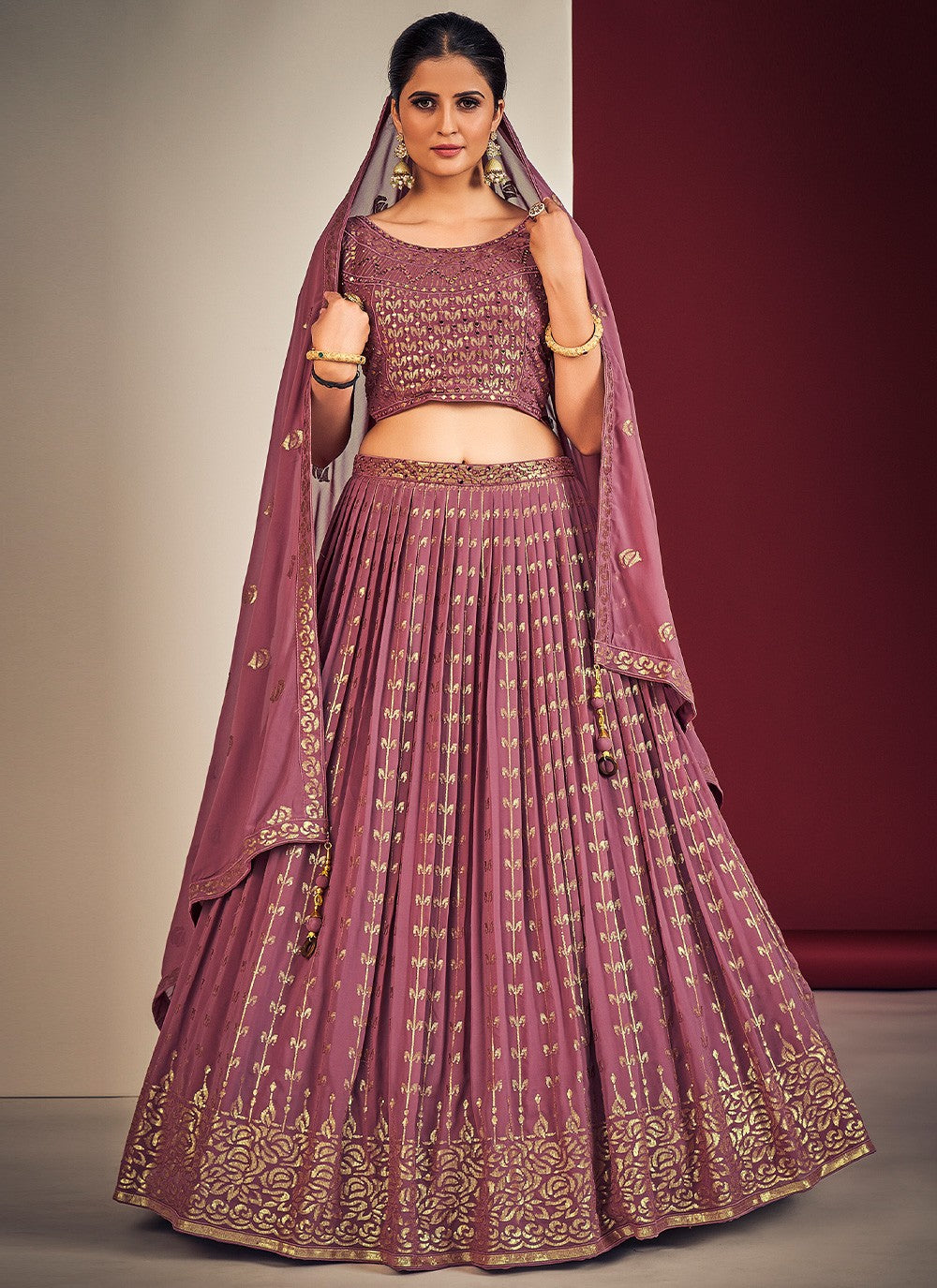 Dark Pink Pakistani Georgette Lehenga Choli For Indian Festivals & Weddings - Sequence Embroidery Work, Mirror Work