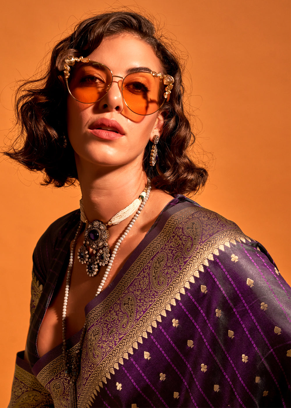 Dark Purple Designer Satin Silk Saree with Blouse Piece