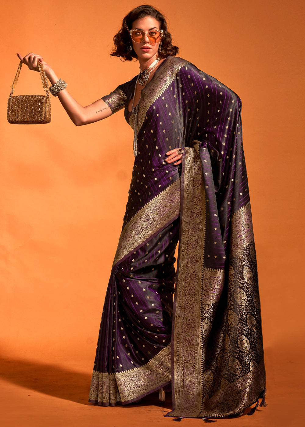 Dark Purple Designer Satin Silk Saree with Blouse Piece