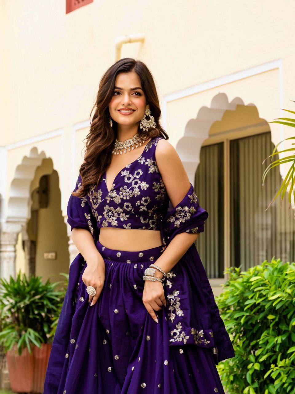 Dark Purple Elegant Vichitra Semi-Stitched Lehenga with Zari & Sequins Embroidery, Unstitched Blouse