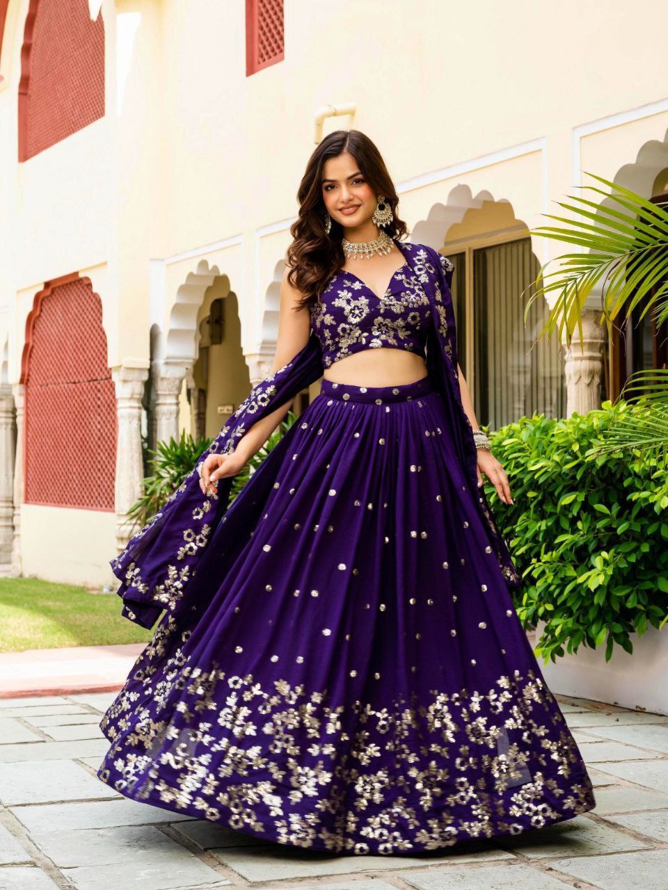 Dark Purple Elegant Vichitra Semi-Stitched Lehenga with Zari & Sequins Embroidery, Unstitched Blouse