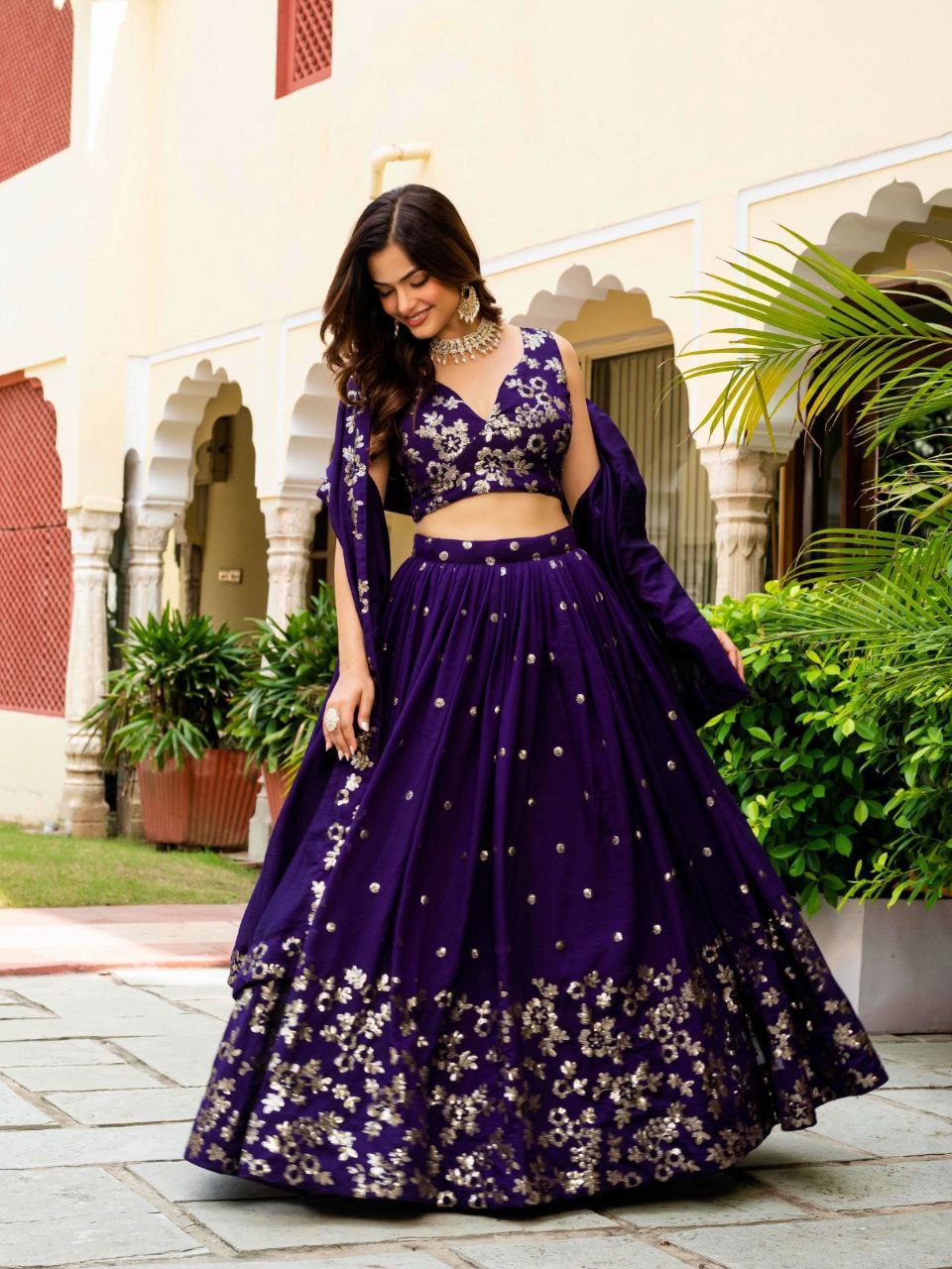 Dark Purple Elegant Vichitra Semi-Stitched Lehenga with Zari & Sequins Embroidery, Unstitched Blouse