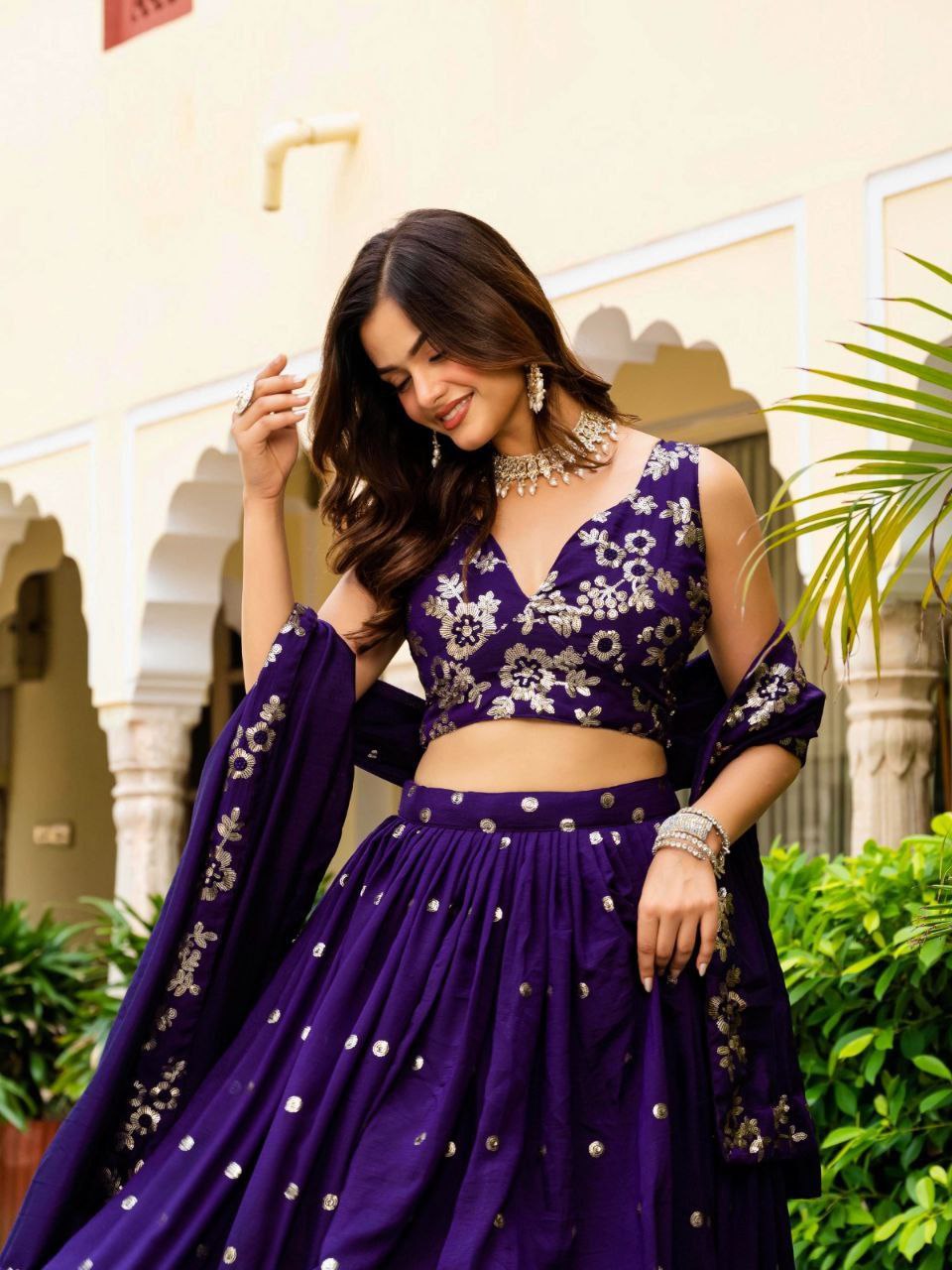 Dark Purple Elegant Vichitra Semi-Stitched Lehenga with Zari & Sequins Embroidery, Unstitched Blouse