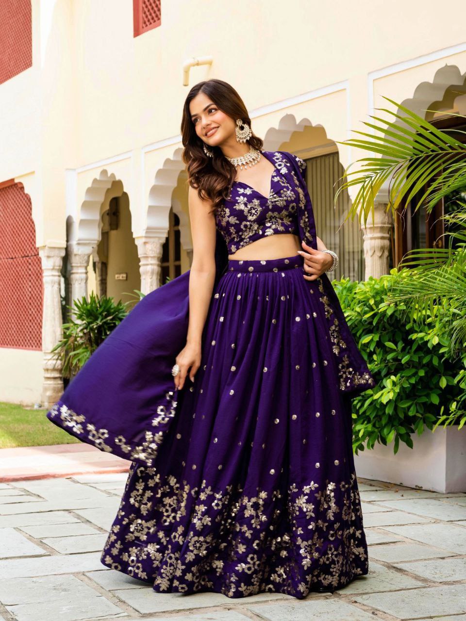 Dark Purple Elegant Vichitra Semi-Stitched Lehenga with Zari & Sequins Embroidery, Unstitched Blouse