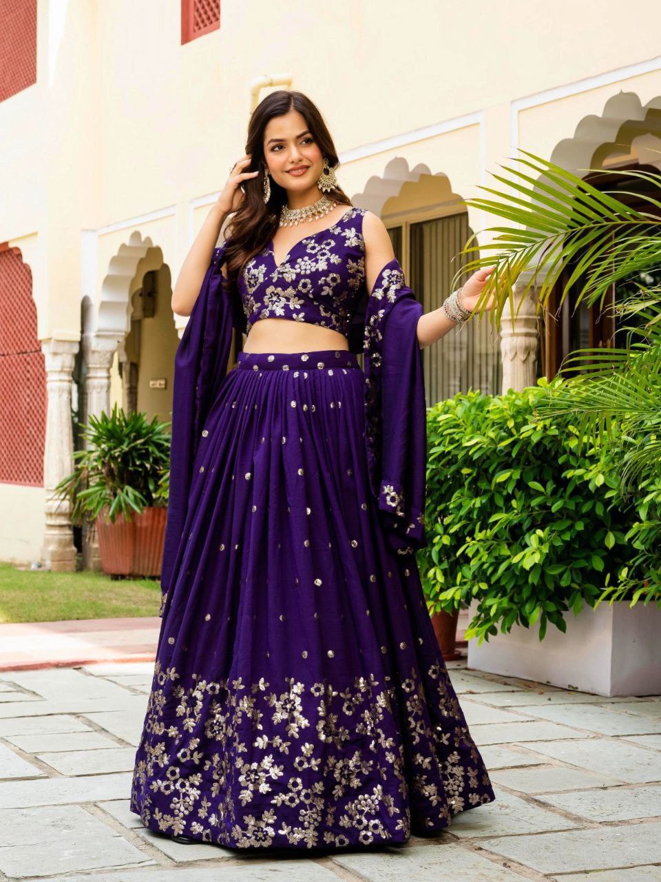 Dark Purple Elegant Vichitra Semi-Stitched Lehenga with Zari & Sequins Embroidery, Unstitched Blouse