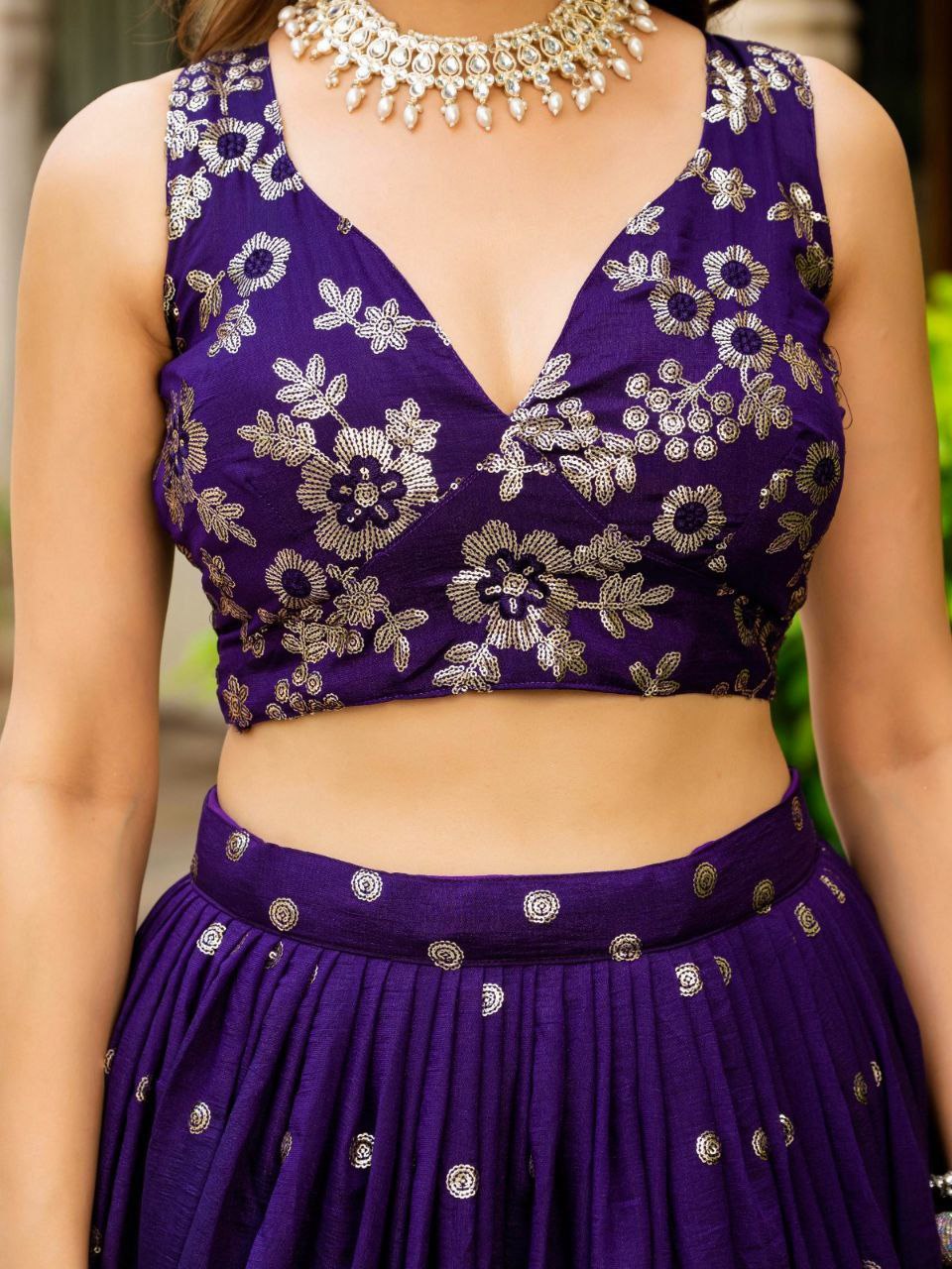 Dark Purple Elegant Vichitra Semi-Stitched Lehenga with Zari & Sequins Embroidery, Unstitched Blouse