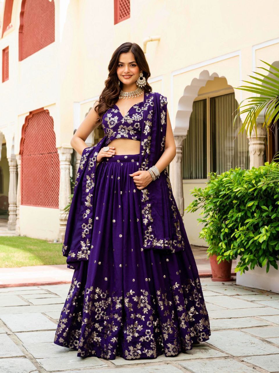 Dark Purple Elegant Vichitra Semi-Stitched Lehenga with Zari & Sequins Embroidery, Unstitched Blouse