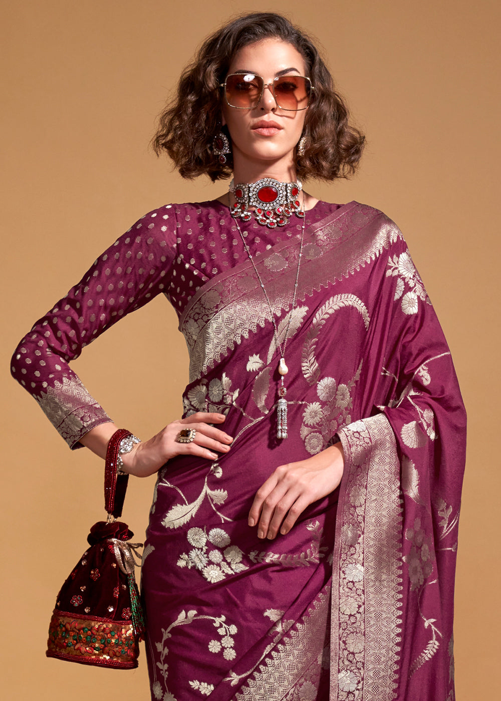 Dark Purple Fairytale Banarasi Georgette Silk Saree with Brocade Blouse – Summer Glam Edition