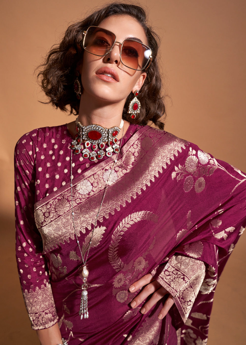Dark Purple Fairytale Banarasi Georgette Silk Saree with Brocade Blouse – Summer Glam Edition
