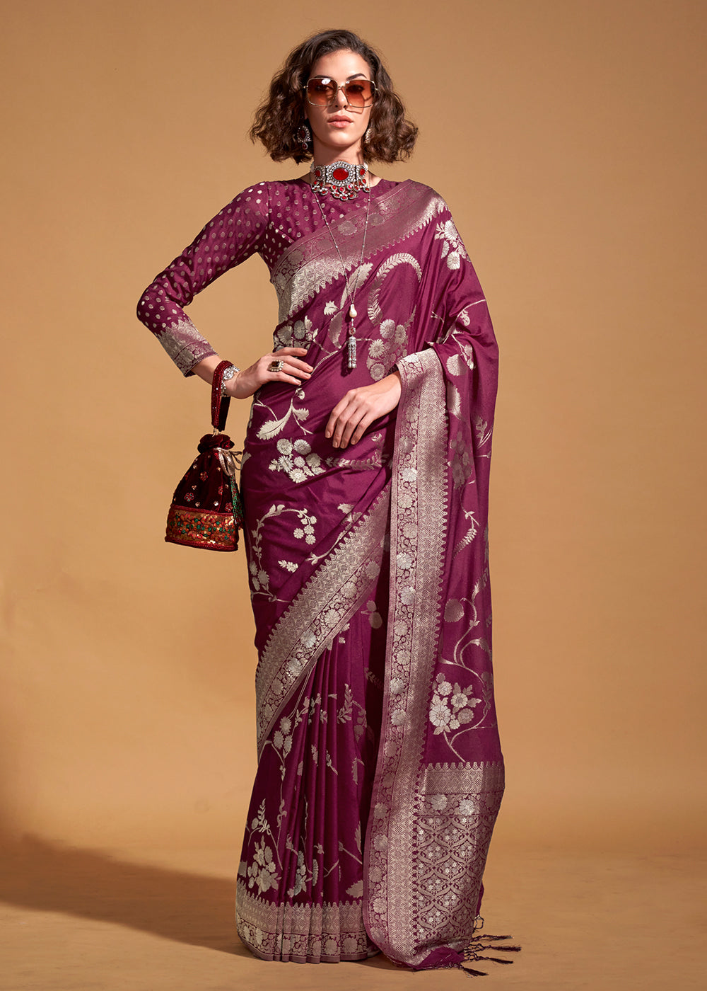 Dark Purple Fairytale Banarasi Georgette Silk Saree with Brocade Blouse – Summer Glam Edition