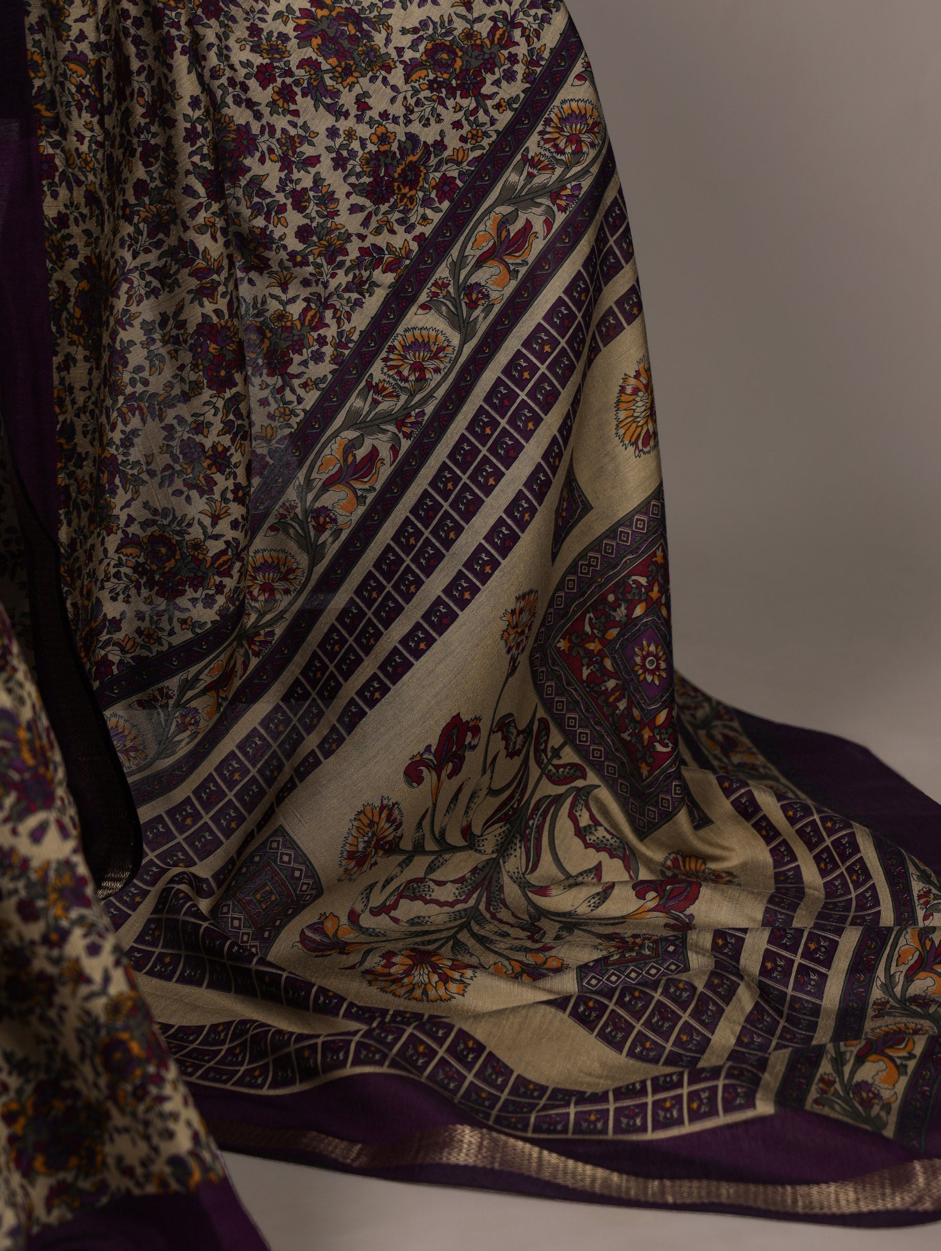 Dark Purple Printed Chanderi Polyester Viscose Saree with Zari Weaving Work & Unstitched Blouse — Festive & Traditional Party Wear Saree for Women