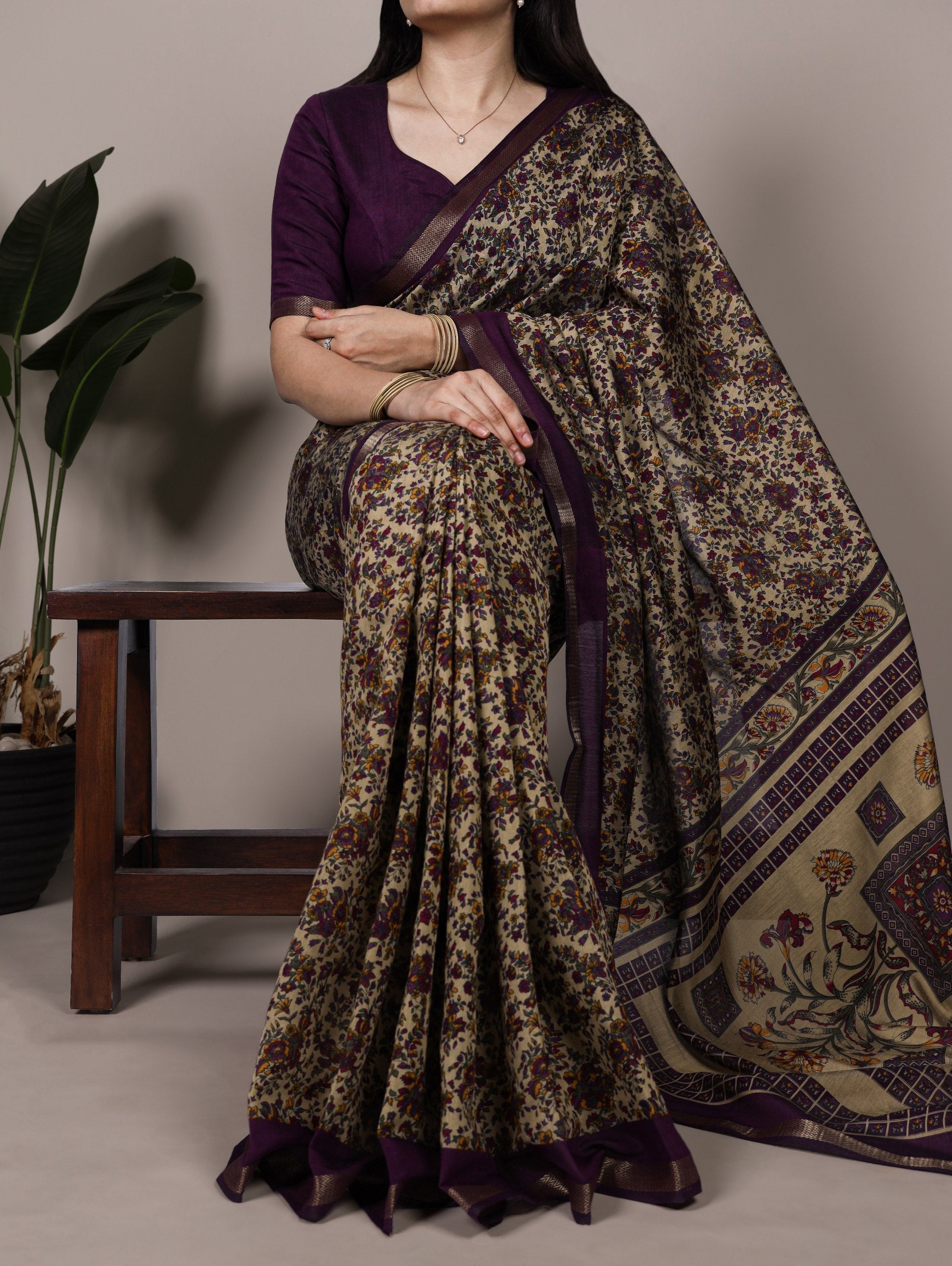 Dark Purple Printed Chanderi Polyester Viscose Saree with Zari Weaving Work & Unstitched Blouse — Festive & Traditional Party Wear Saree for Women
