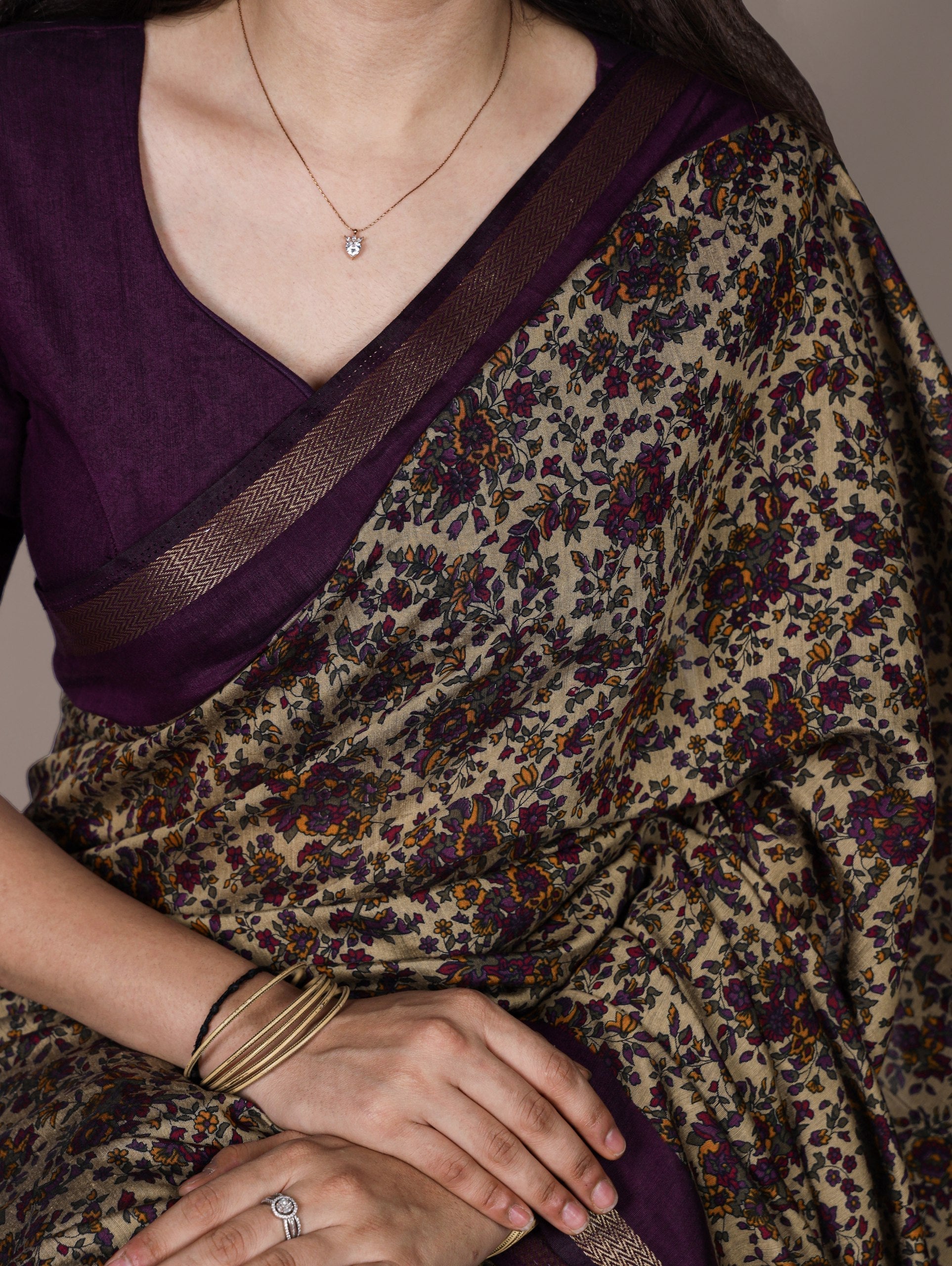 Dark Purple Printed Chanderi Polyester Viscose Saree with Zari Weaving Work & Unstitched Blouse — Festive & Traditional Party Wear Saree for Women