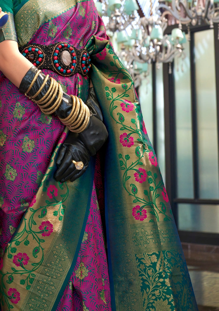 Dark Purple Traditional Banarasi Silk Blend Saree with Unstitched Blouse Piece