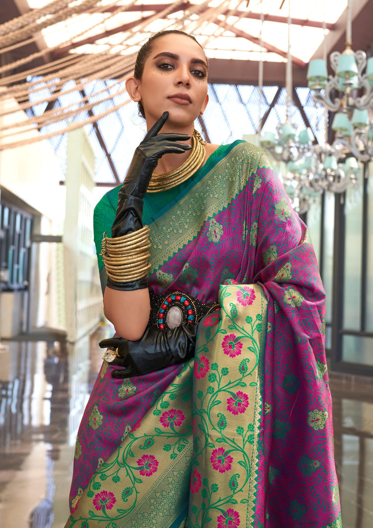 Dark Purple Traditional Banarasi Silk Blend Saree with Unstitched Blouse Piece