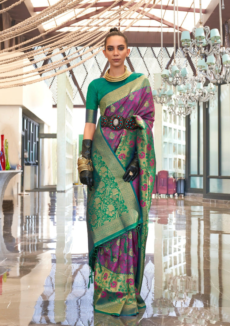 Dark Purple Traditional Banarasi Silk Blend Saree with Unstitched Blouse Piece
