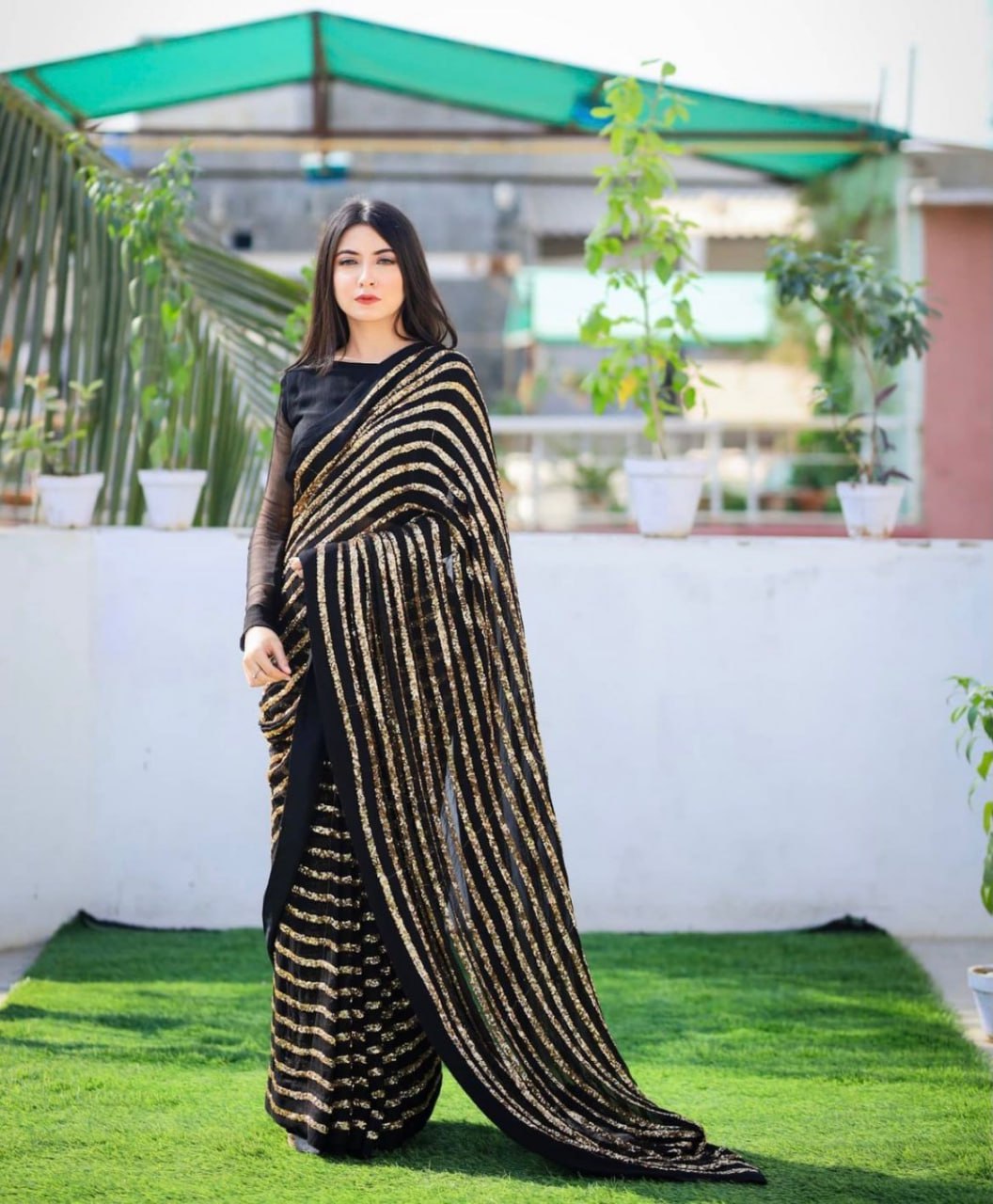 Dazzling Black & Gold Striped Sequin Saree - Weave Elegance at Weddings & Parties