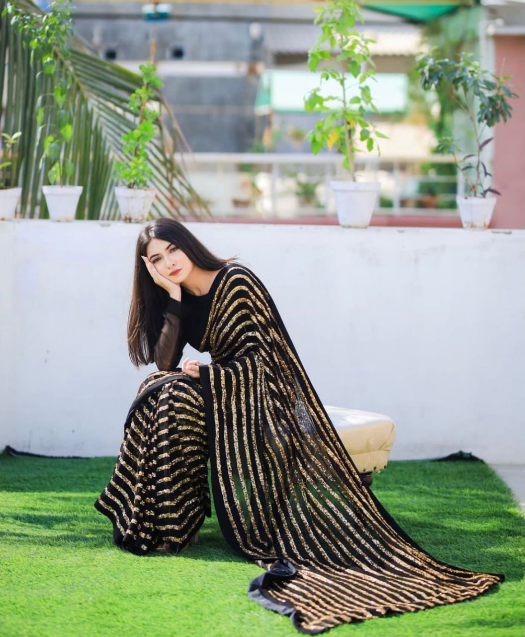 Dazzling Black & Gold Striped Sequin Saree - Weave Elegance at Weddings & Parties