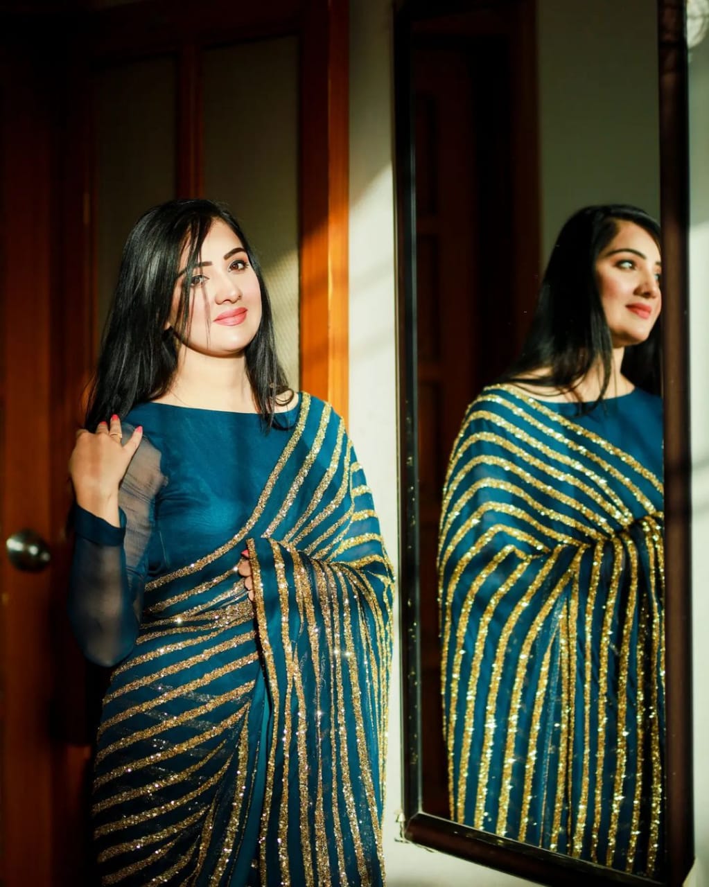Dazzling Blue & Gold Striped Sequin Saree - Weave Elegance at Weddings & Parties