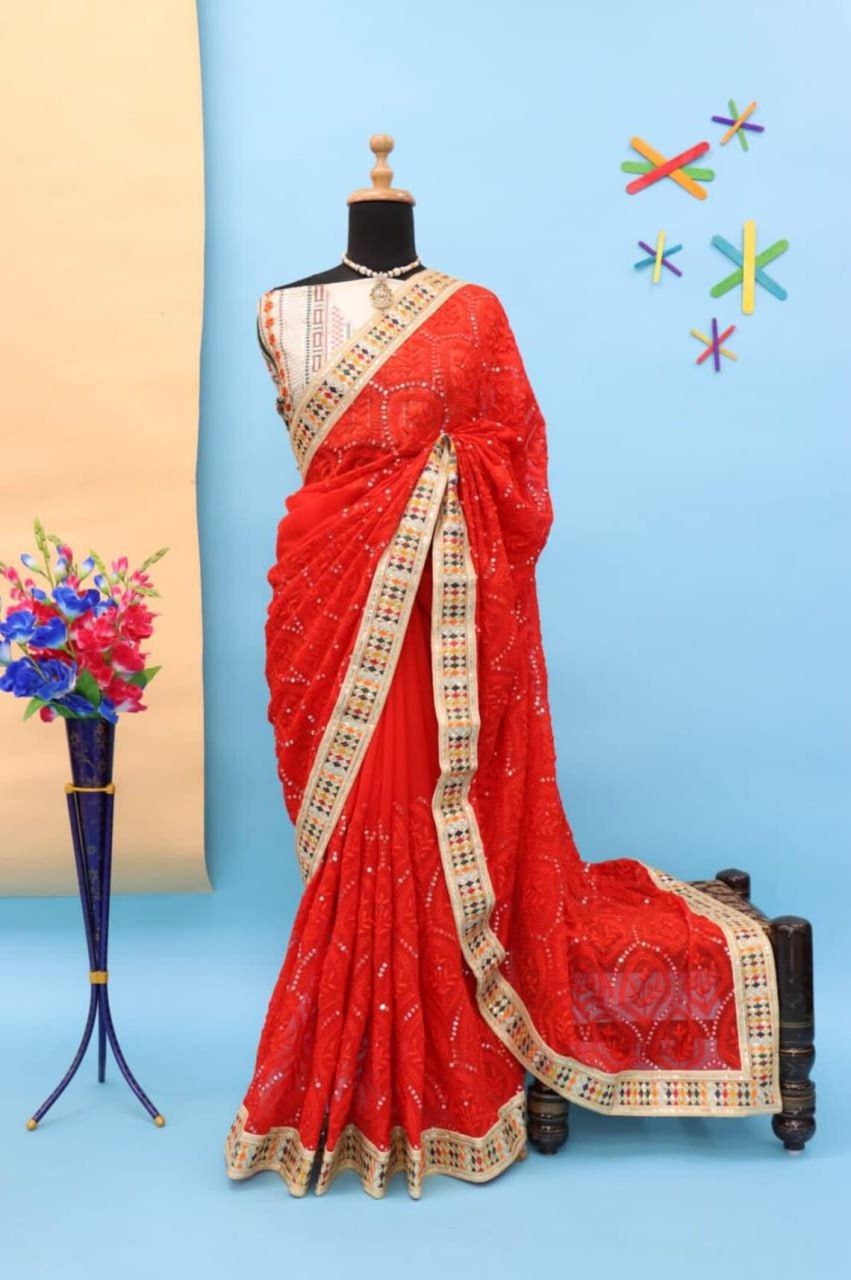 Dazzling Red Karva Chauth Georgette Chikankari Saree with Sequined Border & Viscose Thread Embroidery