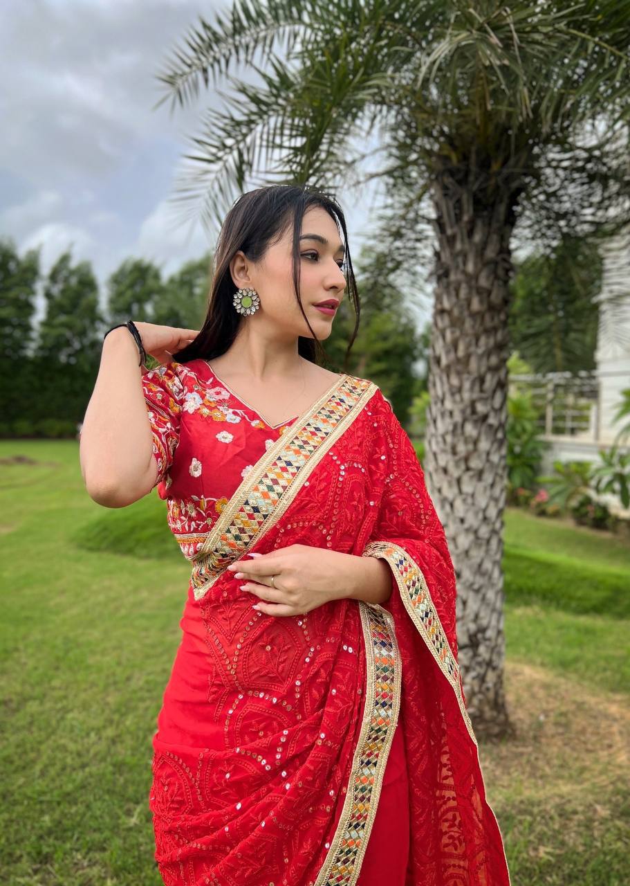 Dazzling Red Karva Chauth Georgette Chikankari Saree with Sequined Border & Viscose Thread Embroidery