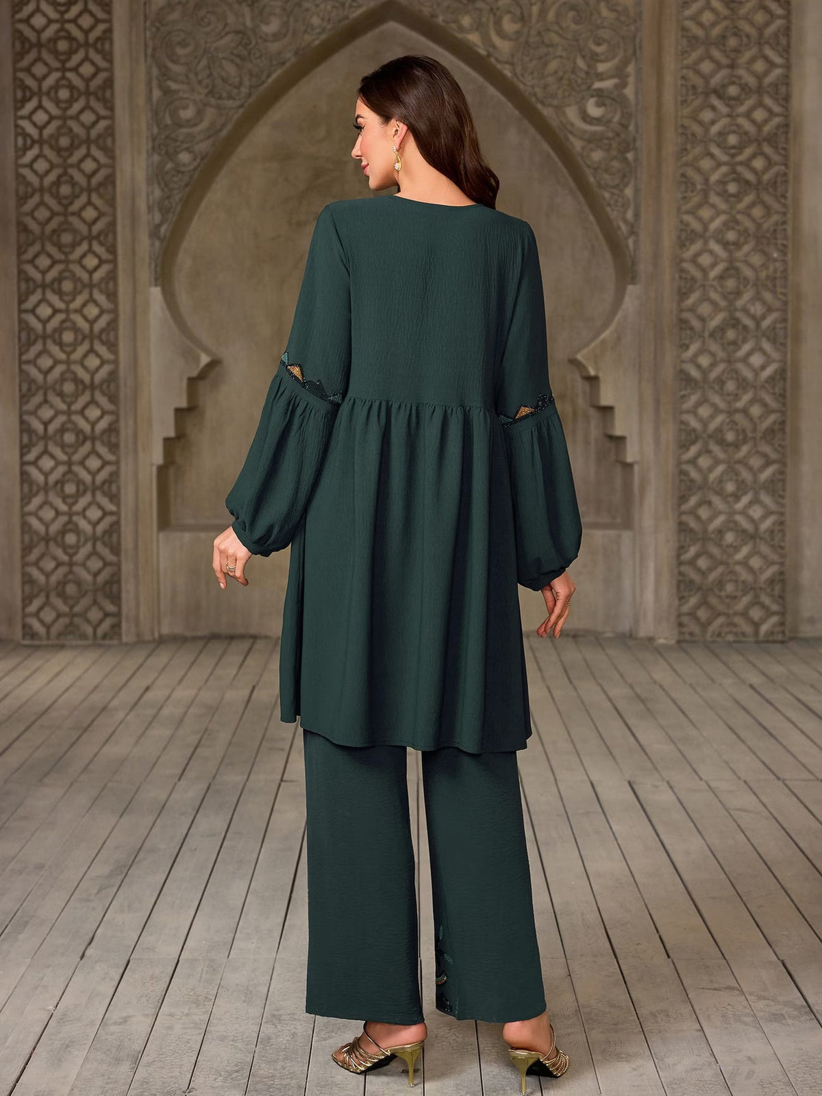 Women's Elegant Rhinestone Detail Long Sleeve Top & Wide-Leg Pants Set