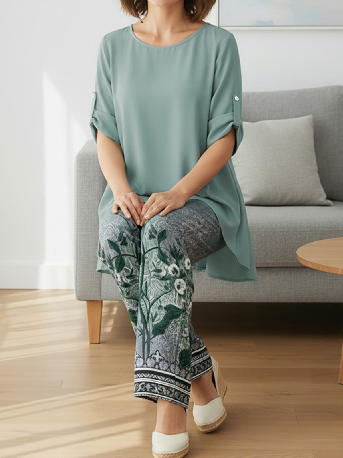 Elegant Leaf Print High-Low Co-Ord Set