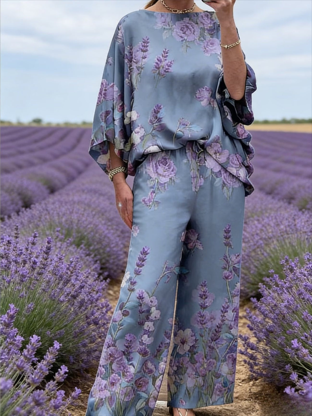 Plus Size Off-Shoulder Batwing Sleeve Printed 2-Piece Set