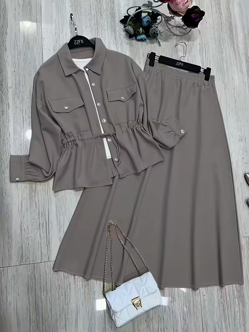Women's Drawstring Waist Collared Top & Elastic Waist Skirt Two-Piece Set