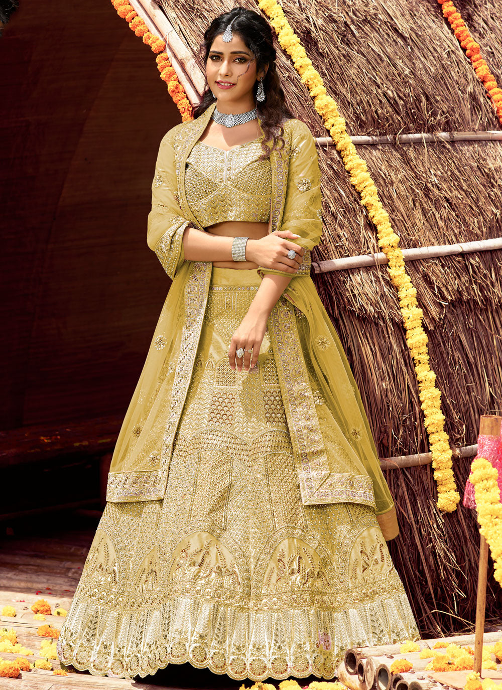 Yellow Color Velvet Fabric Stone And Dori Work Lehenga Choli