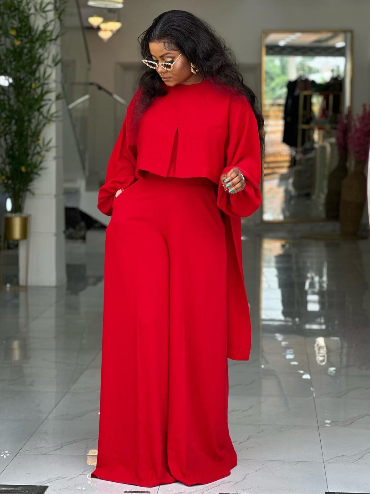 Plus Size Elegant Lantern Sleeve Top & Wide-Leg Pants Set