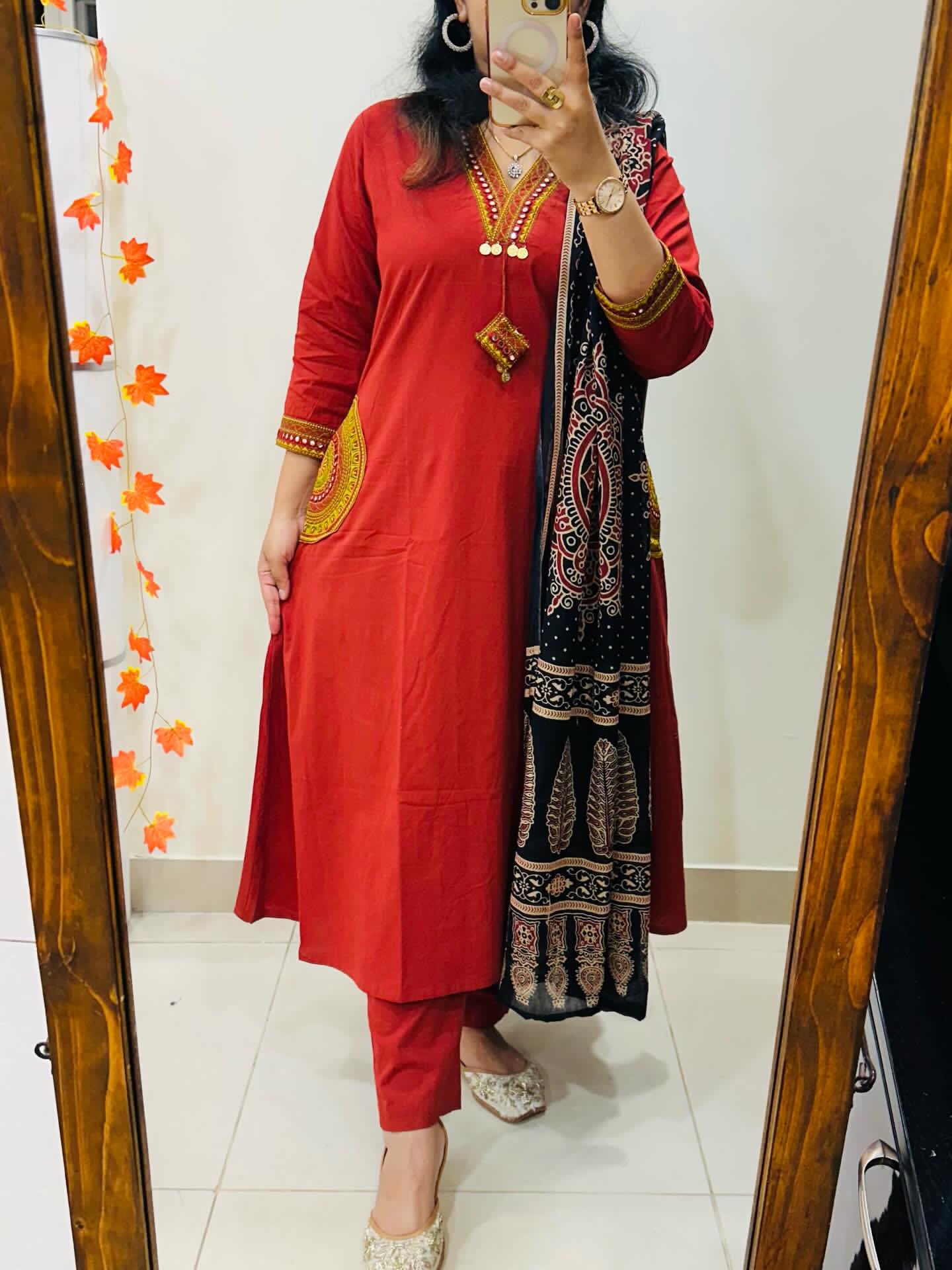 Dhabu Cotton A-Line Kurti Pant Dupatta Set with Embroidery & Ajrakh Dupatta