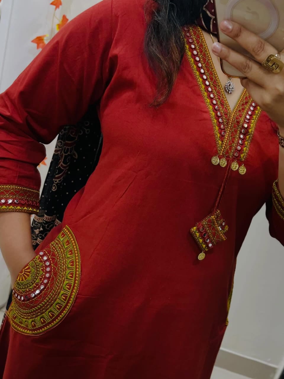 Dhabu Cotton A-Line Kurti Pant Dupatta Set with Embroidery & Ajrakh Dupatta