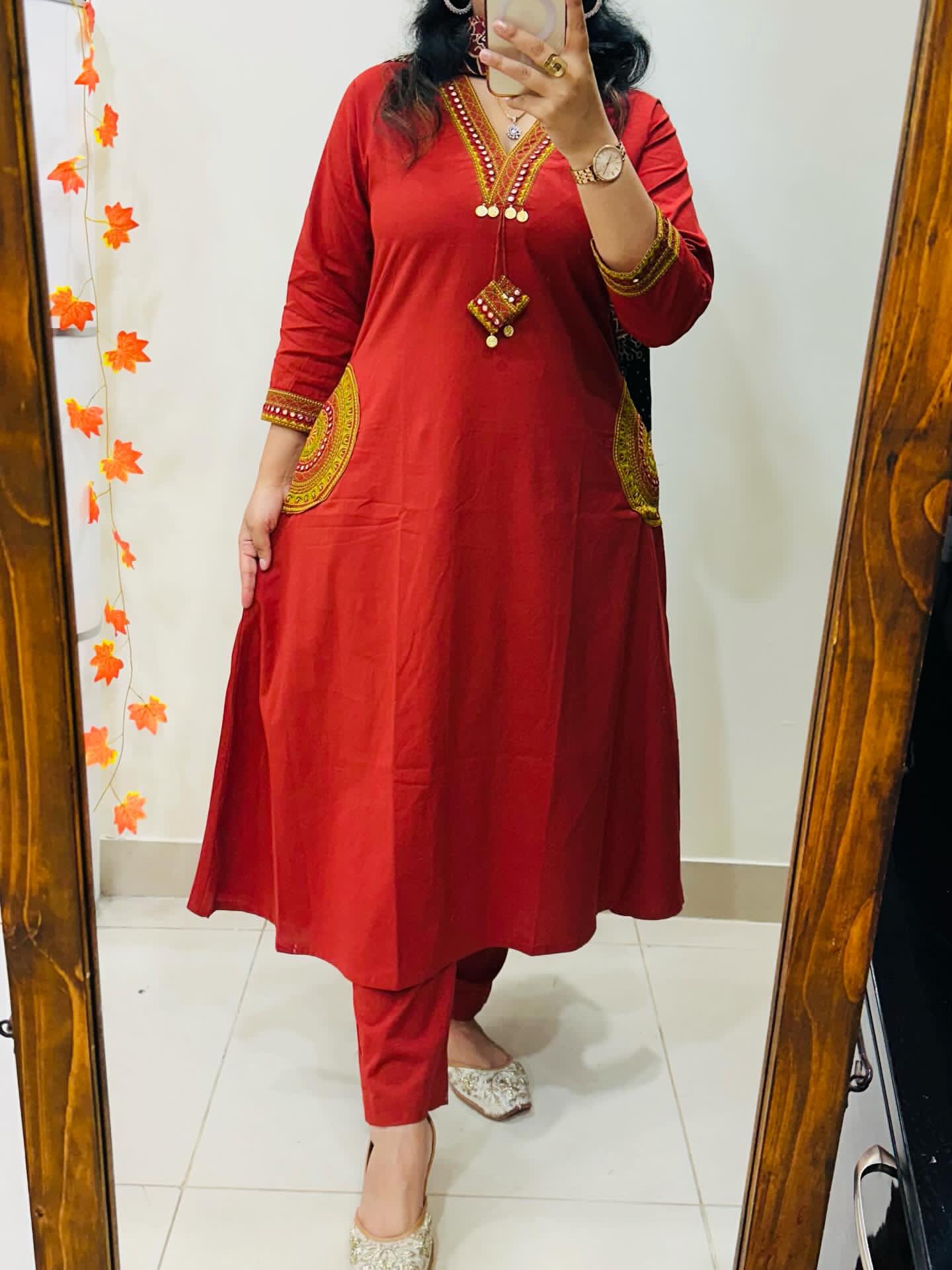 Dhabu Cotton A-Line Kurti Pant Dupatta Set with Embroidery & Ajrakh Dupatta