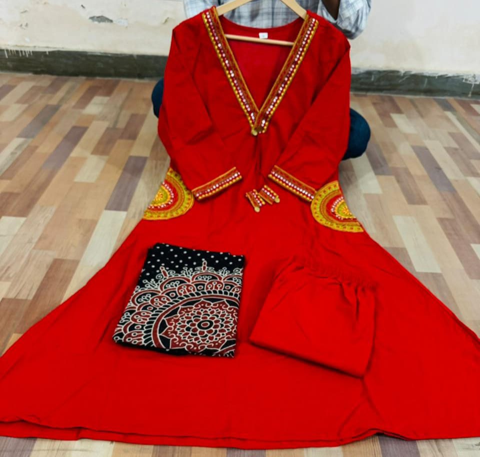 Dhabu Cotton A-Line Kurti Pant Dupatta Set with Embroidery & Ajrakh Dupatta
