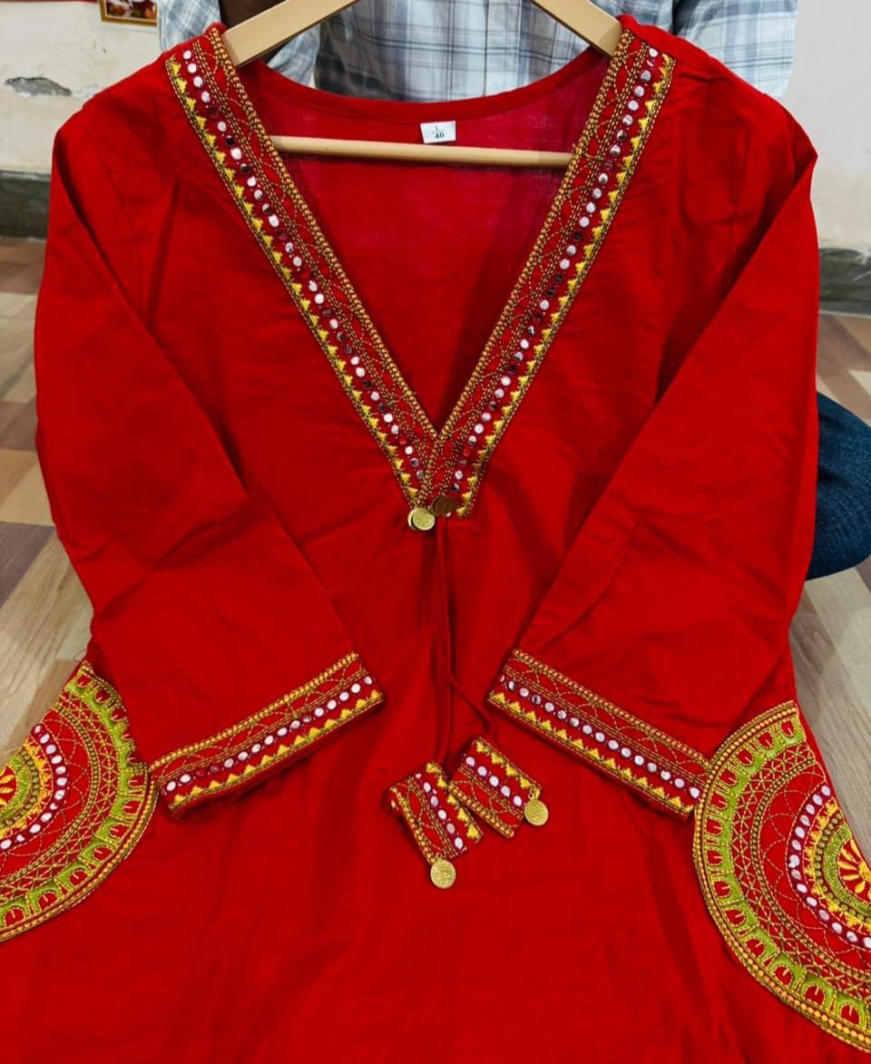 Dhabu Cotton A-Line Kurti Pant Dupatta Set with Embroidery & Ajrakh Dupatta
