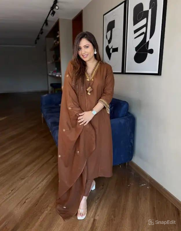 Dhabu Cotton A-Line Suit Set with Embroidery, Pockets & Tassels