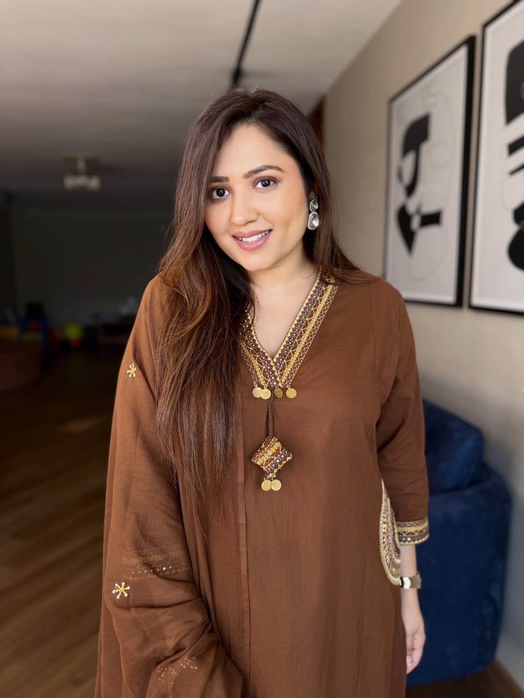 Dhabu Cotton A-Line Suit Set with Embroidery, Pockets & Tassels