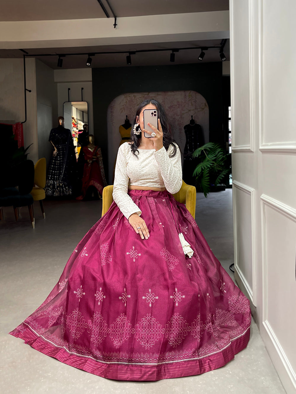 Magenta Color Digital Print Cora Chex Zari Border Co-Ord Set Lehenga Choli