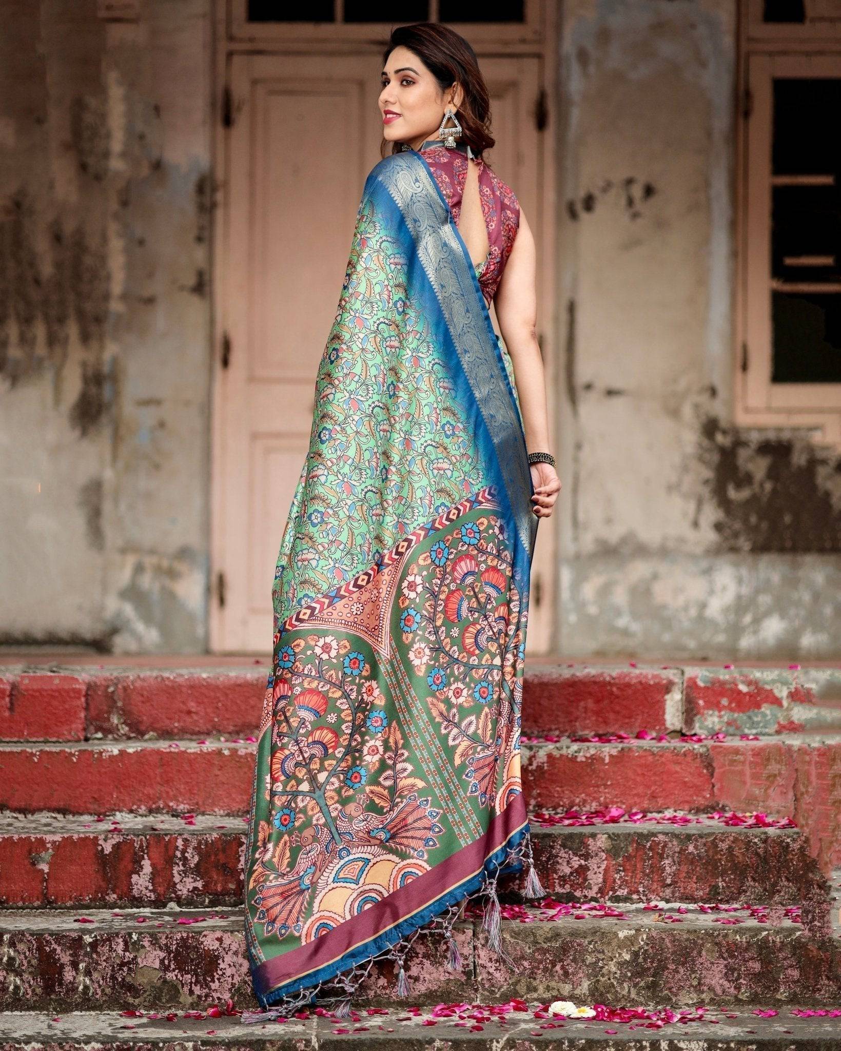Majestic Blue and Green Digital Print Saree with Intricate Floral Motifs and Contrasting Pallu