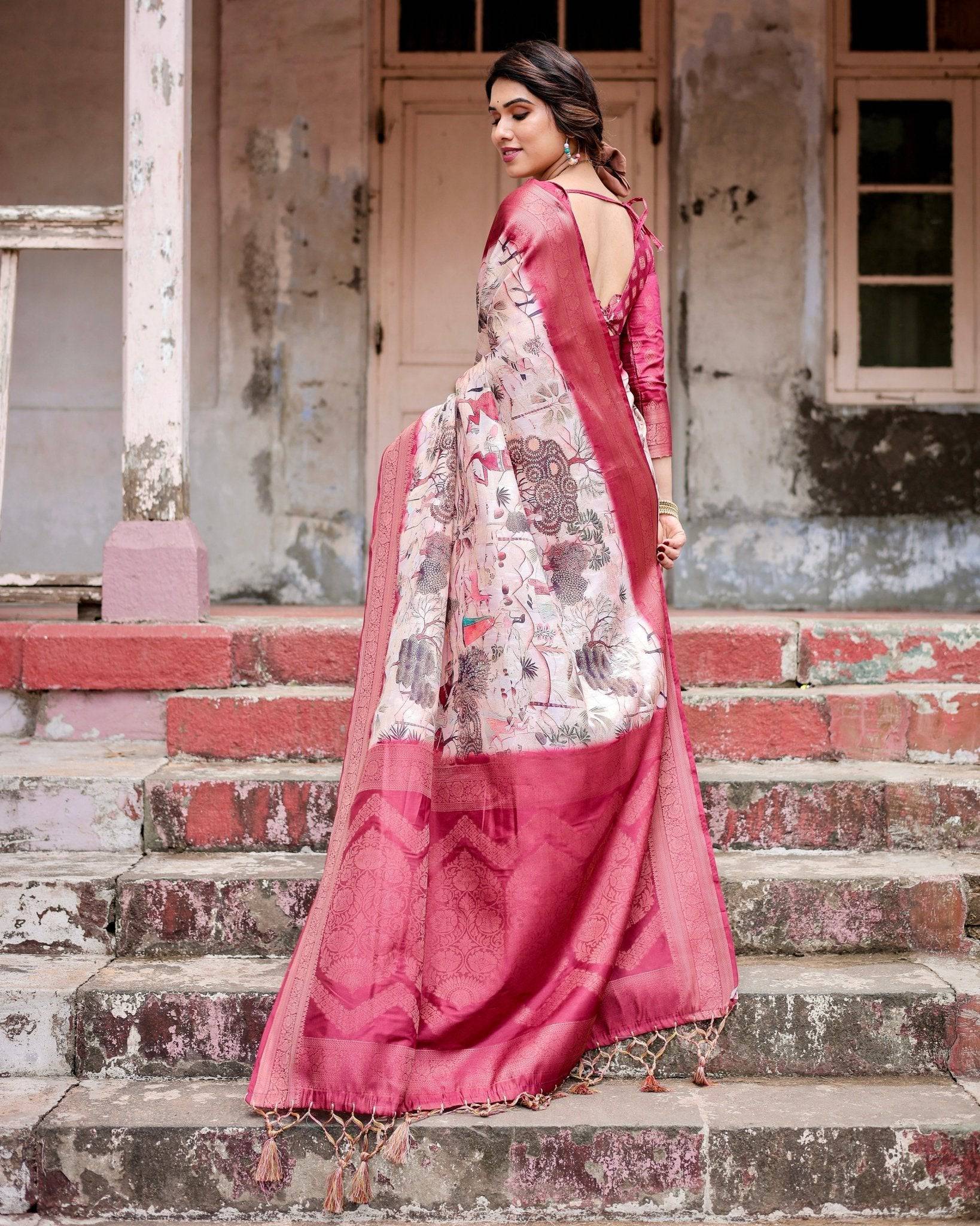 Graceful Fuchsia Pink Banarasi Silk Saree with Digital Forest Scenery Print & Zari Weave