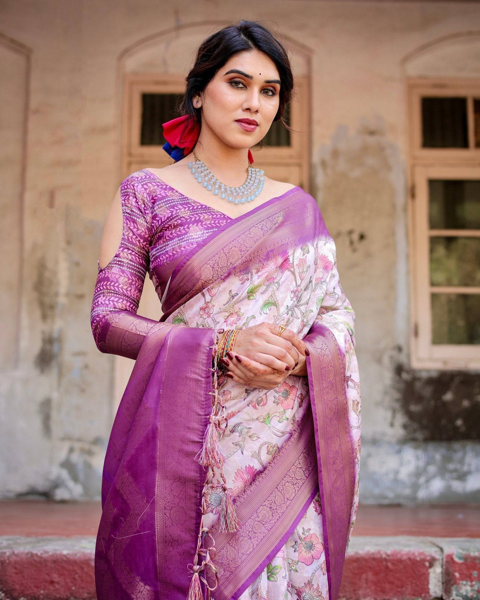 Graceful Lavender Banarasi Silk Saree with Floral Design and Zari Woven Border