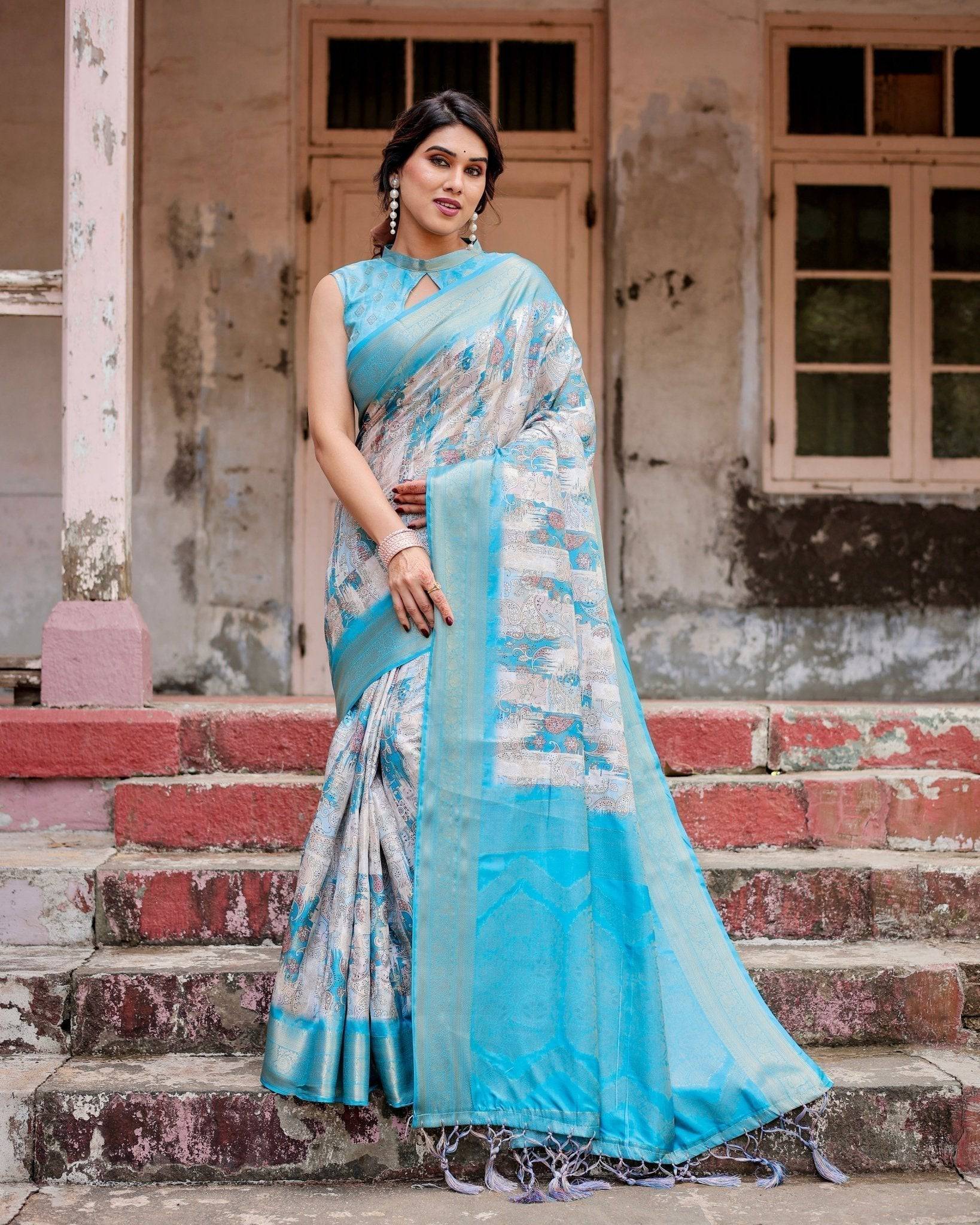 Sky Blue Banarasi Silk Saree with Paisley Digital Print, Zari Border & Tassel Details