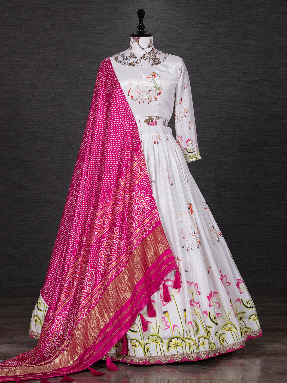 White Color Digital Printed Silk Lehenga Choli Set
