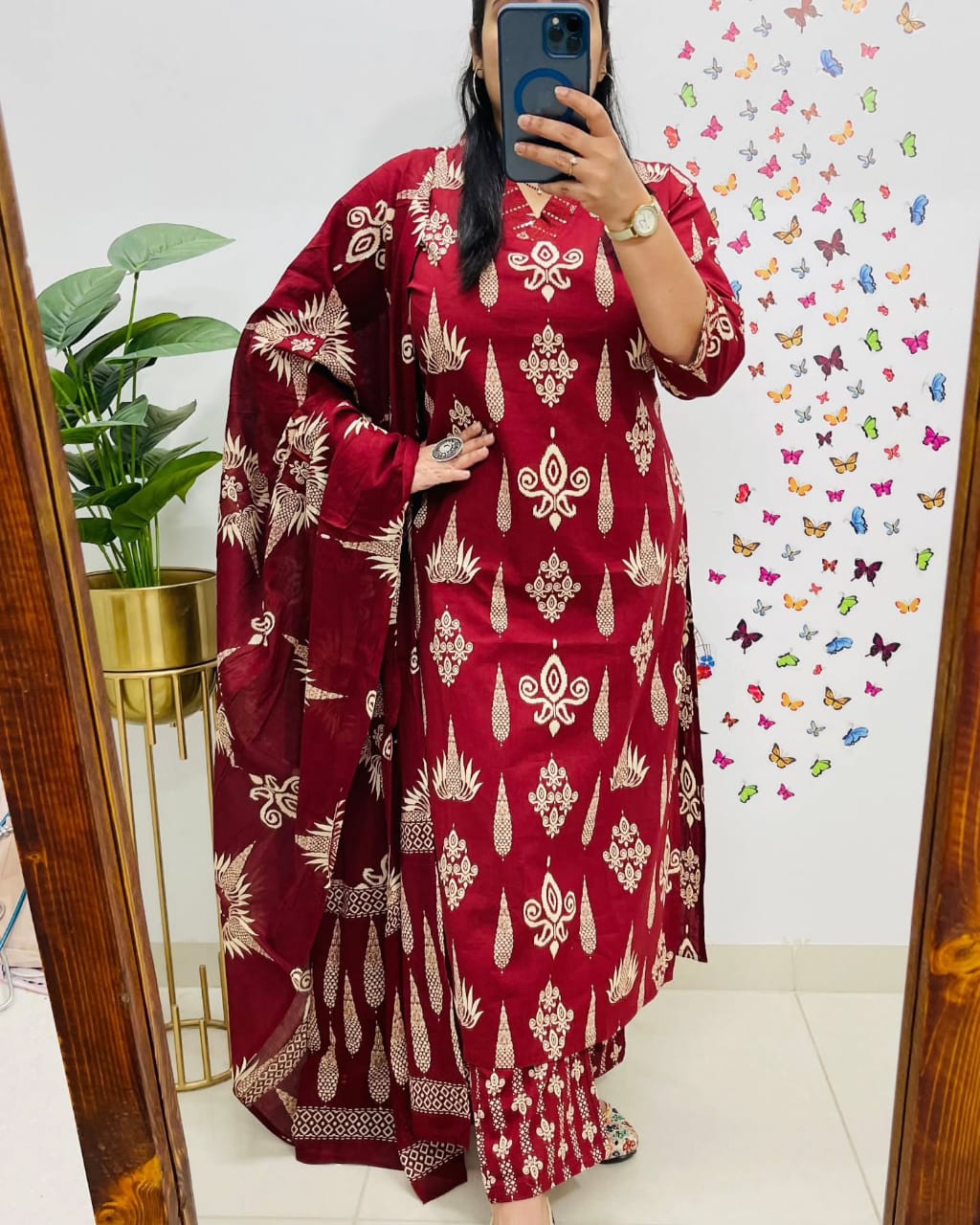 Discharge Print 60.60 Cotton Kurti Set with Sequins, Pant & Dupatta