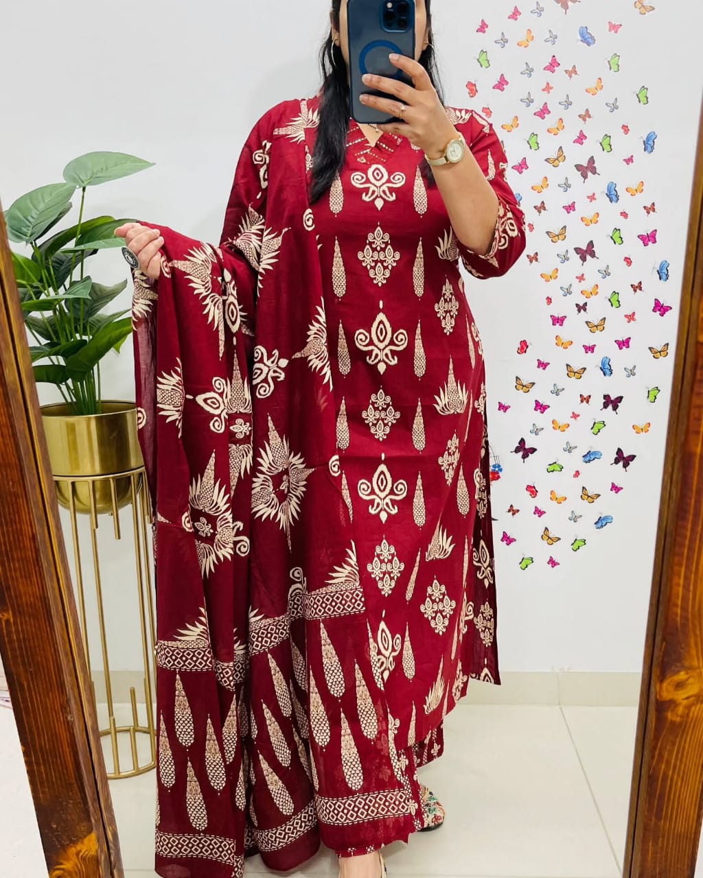 Discharge Print 60.60 Cotton Kurti Set with Sequins, Pant & Dupatta