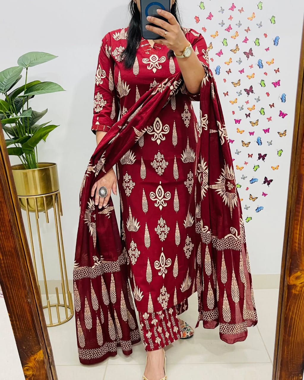 Discharge Print 60.60 Cotton Kurti Set with Sequins, Pant & Dupatta
