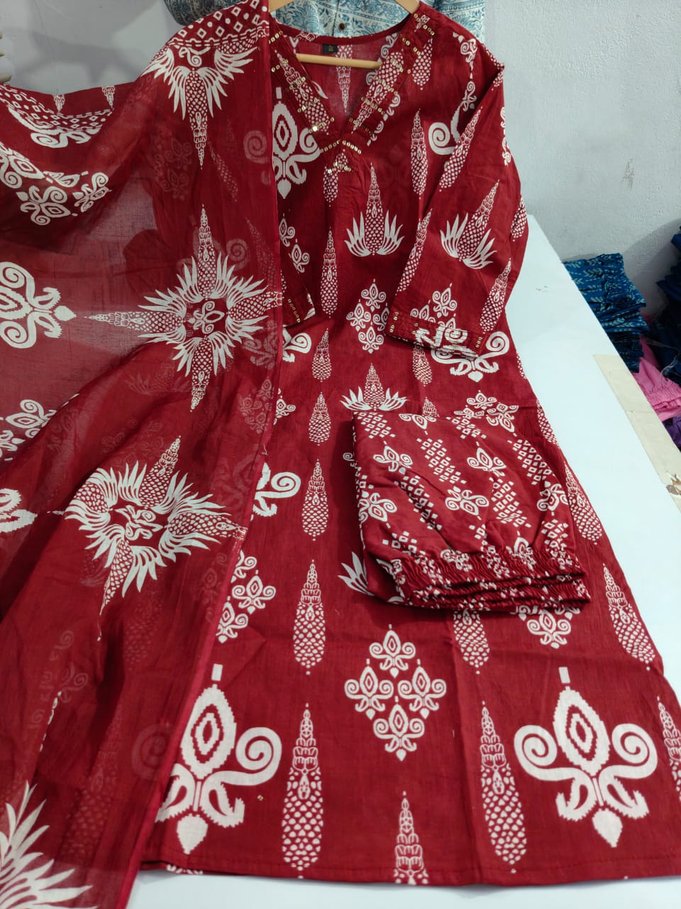 Discharge Print 60.60 Cotton Kurti Set with Sequins, Pant & Dupatta