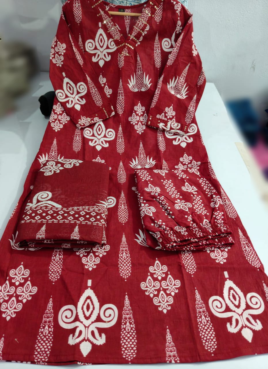 Discharge Print 60.60 Cotton Kurti Set with Sequins, Pant & Dupatta